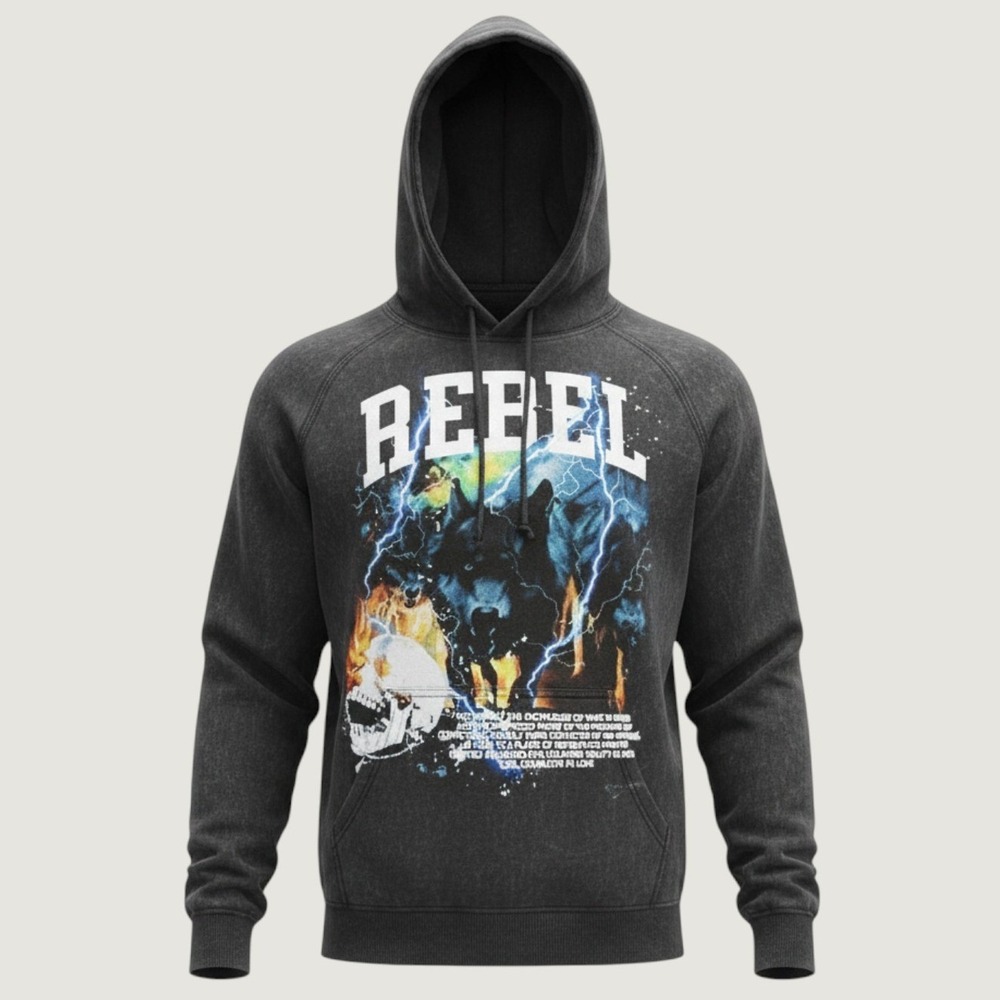Rebel Wolf Skull Lightning Graphic Hoodie Washed Black Streetwear Pullover
